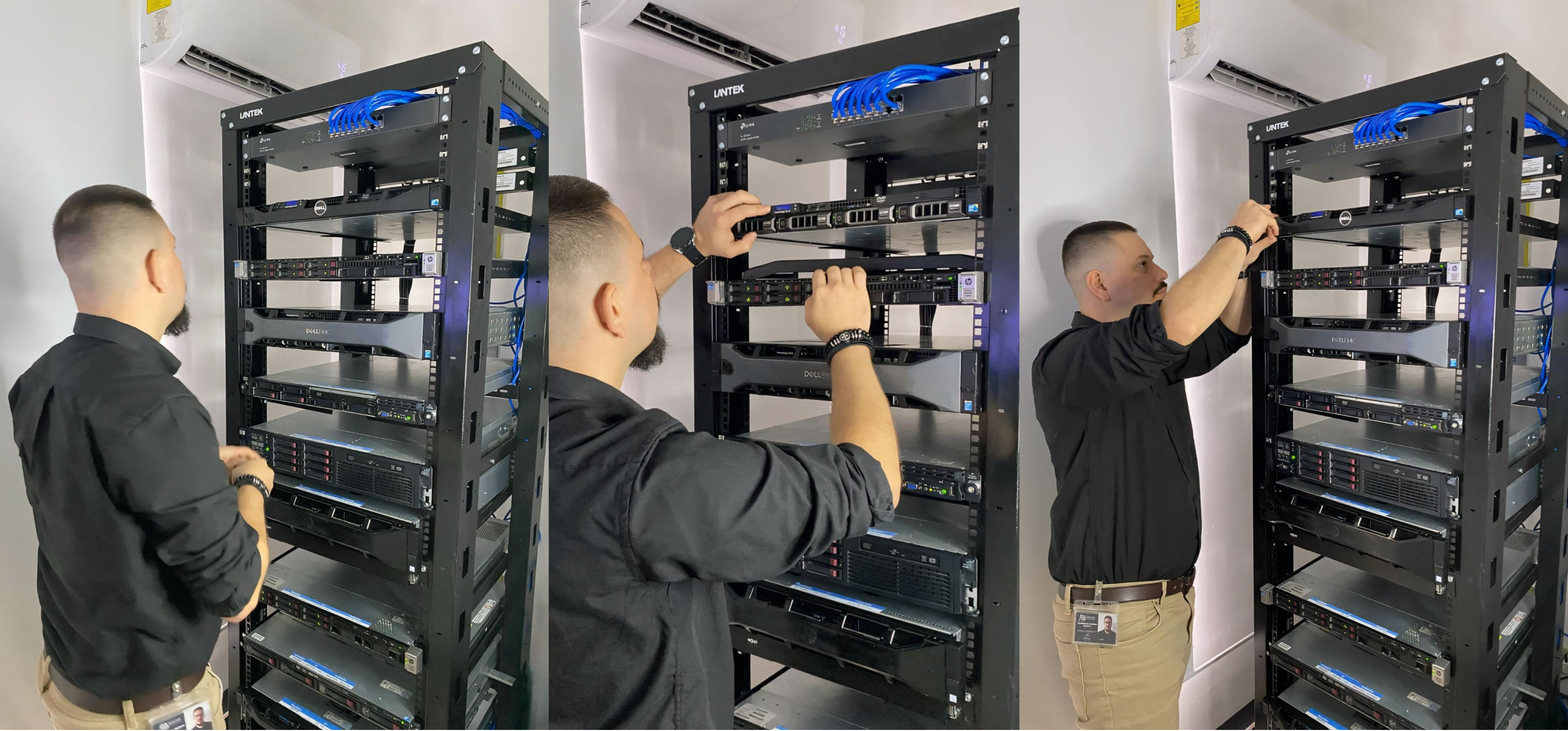 Jefe de Desarrollo de Magna IT Solutions inspeccionando servidores seguros, garantizando estabilidad y protección de datos para clientes