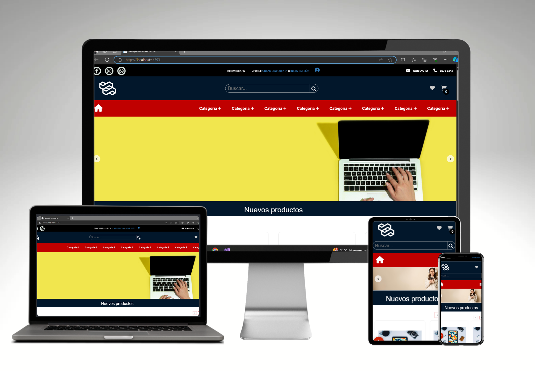 Sistema de tienda en línea de Magna IT Solutions mostrado simultáneamente en computadora, tablet y celular