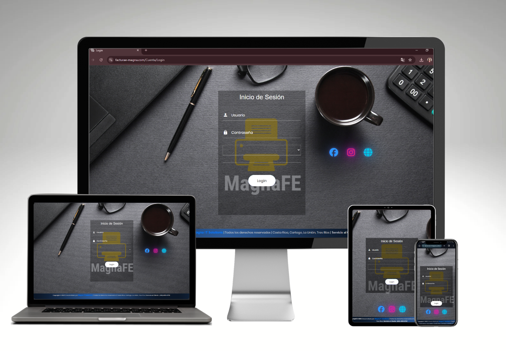 Pantalla de login del sistema FacturaE de Magna IT Solutions, mostrando versión responsive en celular y tablet junto a la vista desktop - Software especializado en facturación electrónica.