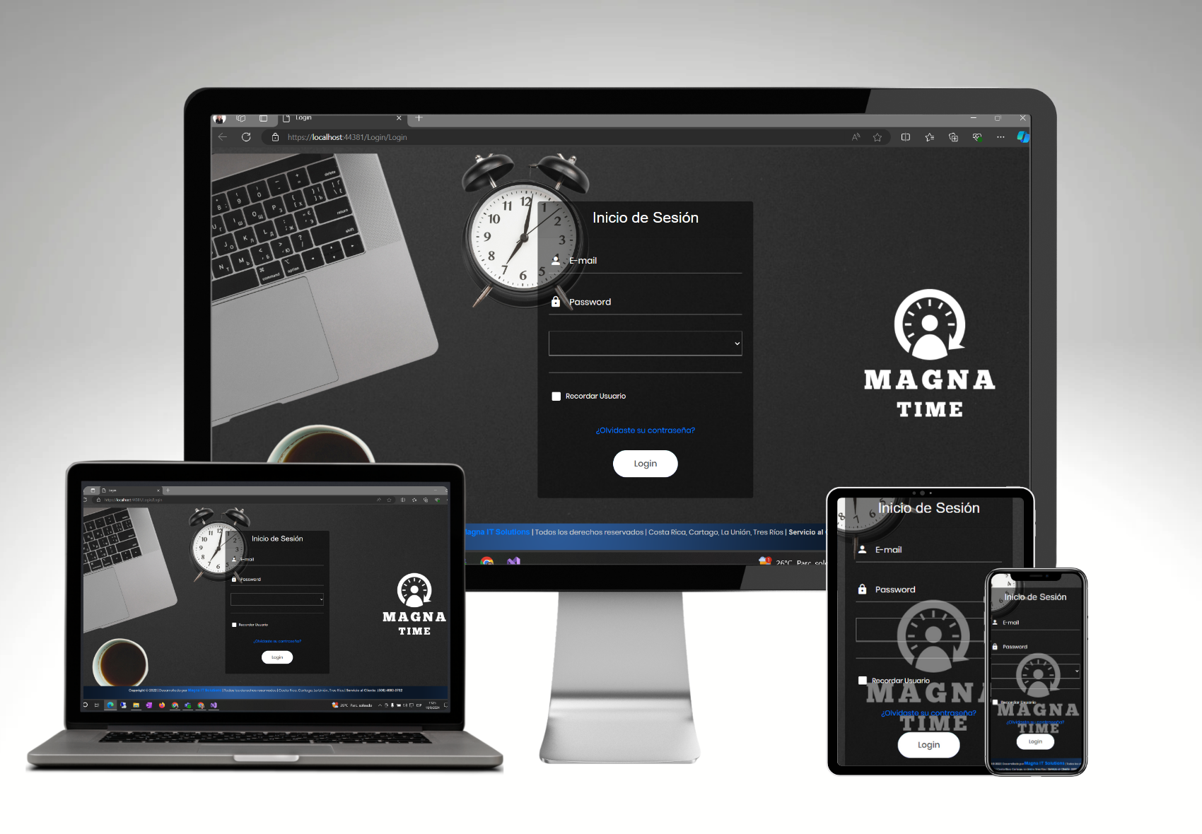 App MagnaTime: trabajador registrando entrada con geolocalización, viendo su balance de horas y solicitando ajustes desde su móvil.
