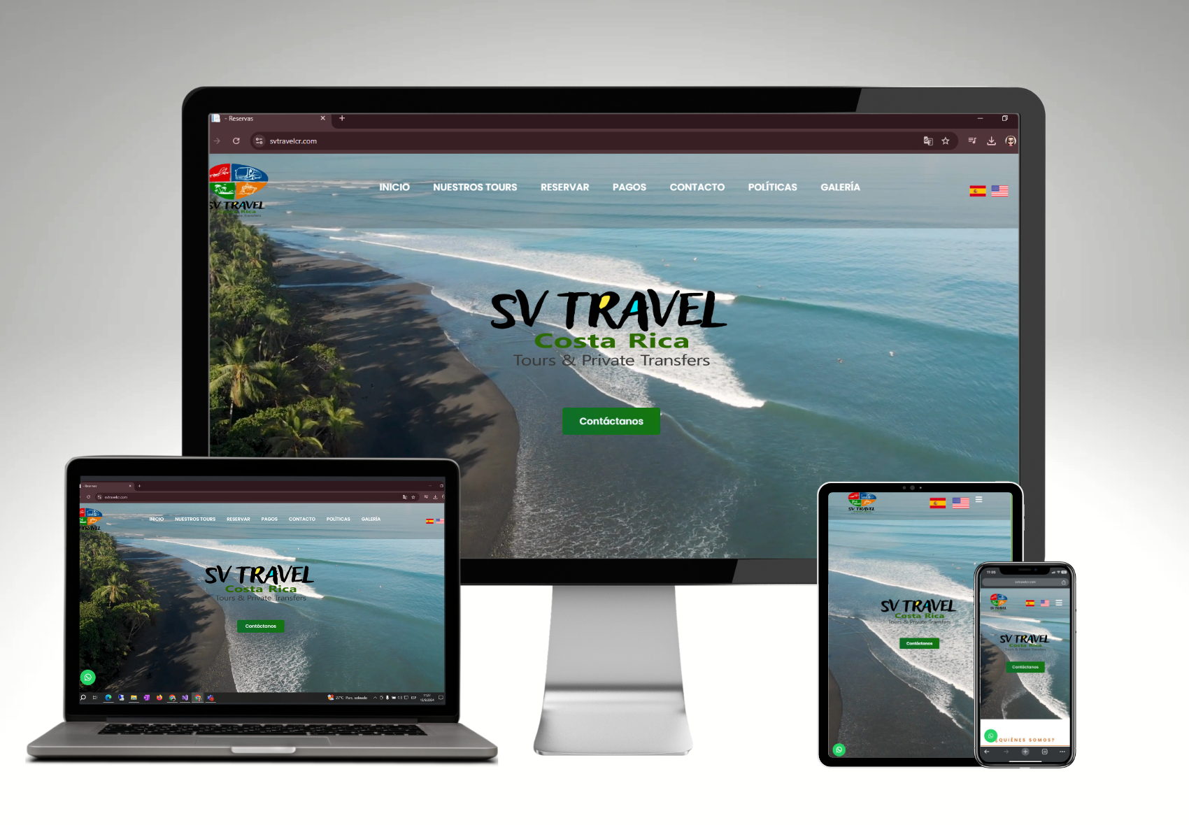 Página web de reservas de viajes de Magna IT Solutions: buscador con filtros para vuelos, hoteles y paquetes turísticos.